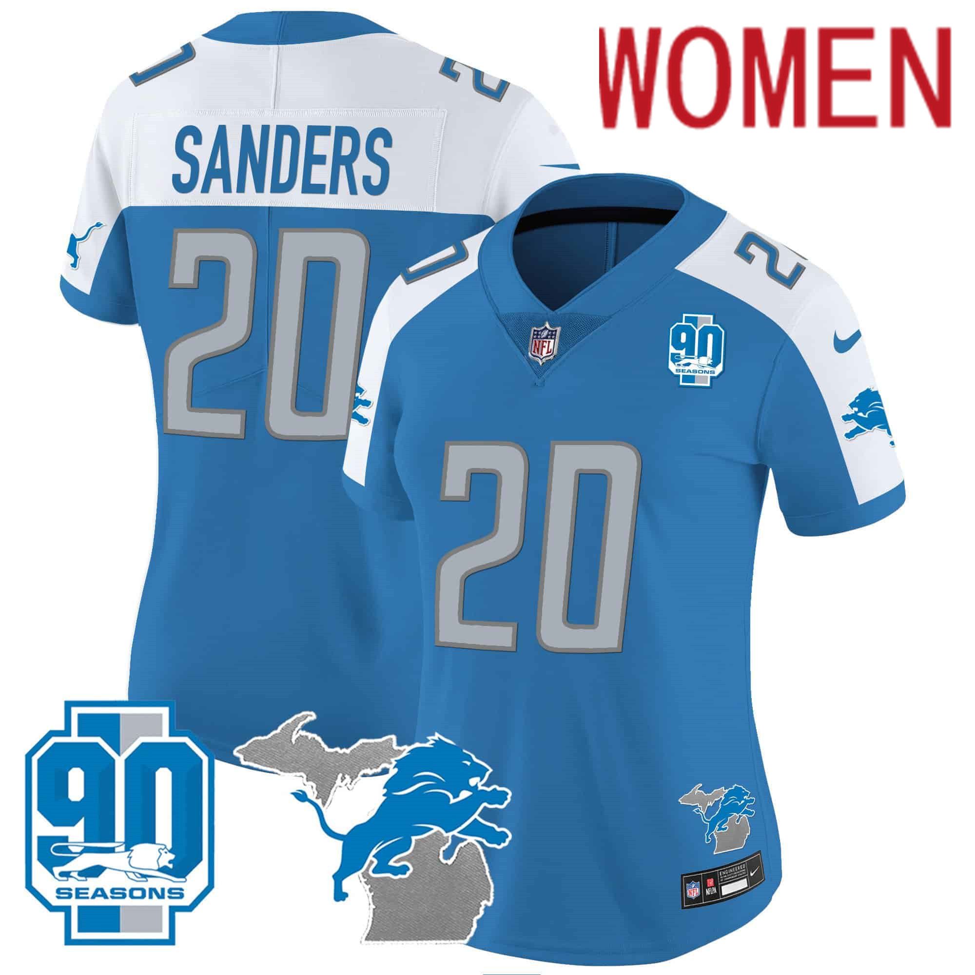 Women Detroit Lions #20 Sanders Blue 2024 Nike 90th Year Michigan Patch Vapor NFL Jersey